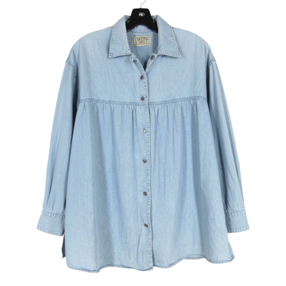LIMITED JEANS 90's Chambray BUTTON-UP Relaxed PEASANT PEPLUM Denim Shirt/Top M